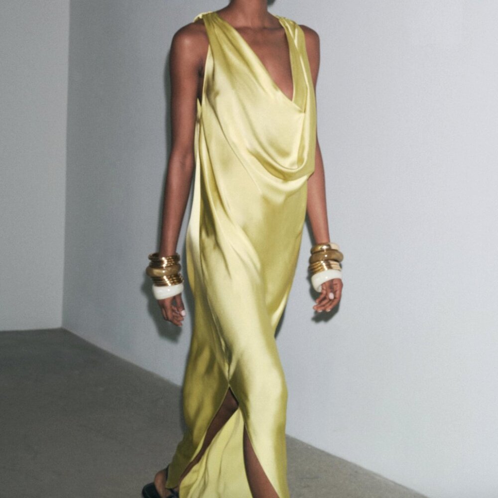 ZW COLLECTION SATIN FLOWY DRESS  - LIME GREEN